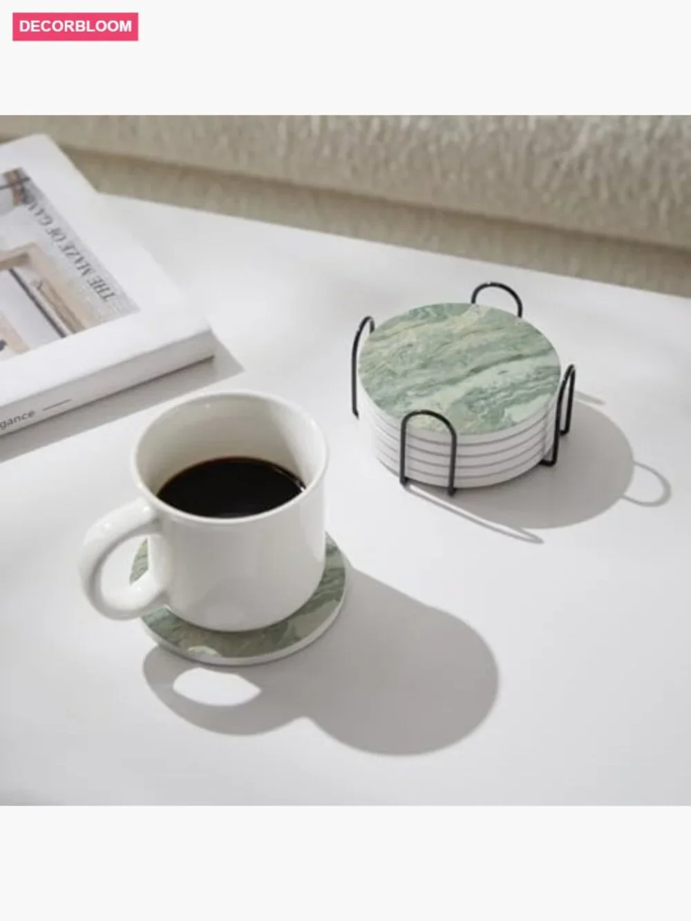 Set of 6 Marble Coasters with Holder - Absorbent Ceramic, Cork Backing
